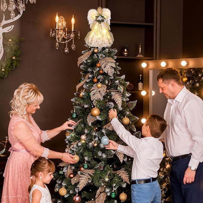 12.5" Angel Christmas Tree Topper with Lights, Lighted Angel Tree Topper with White Feather Wings and Garland, Remote Control, Timer & USB Powered for Indoor Holiday Decoration