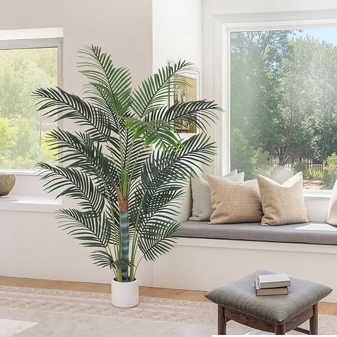 6 FT Fake Palm Tree-Tall Artificial Plants with White Planter, Faux Palm Trees Indoor Outdoor with 18 Lagre Leaves, Tropical Areca Palm Plant for Home Office Living Room