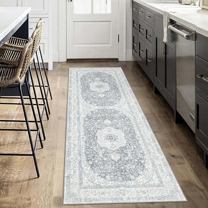 Washable Runner Rug 2x6,Grey Rug Runners Non Slip,Long Boho Rugs for Hallways Kitchen Bedroom Entryway Living Room Bathroom,Vintage Bohemian Distressed Floor Carpet,Floral
