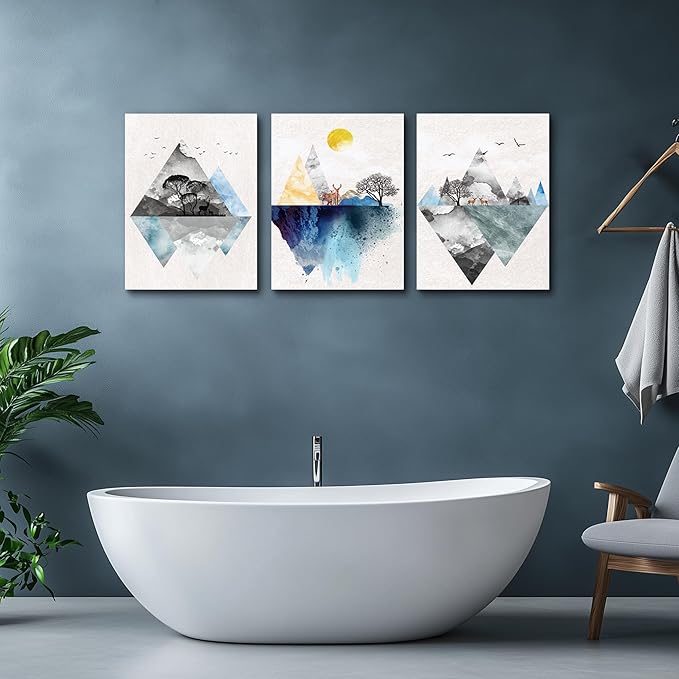 Wall Art for living room Canvas Prints Artwork bathroom Wall Decor Abstract Mountain geometric Picture Watercolor painting 3 Pieces Framed bedroom wall decorations Fashion Office Home decoration