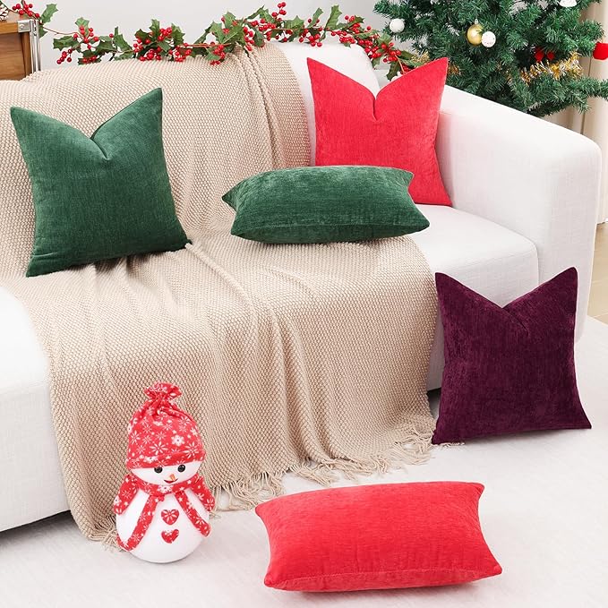 decorUhome Chenille Red Christmas Throw Pillow Covers 12x20 Inch Set of 2, Decorative Soft Couch Pillow Covers Solid Dyed Accent Farmhouse Neutral Rectangle Pillow Cases for Sofa