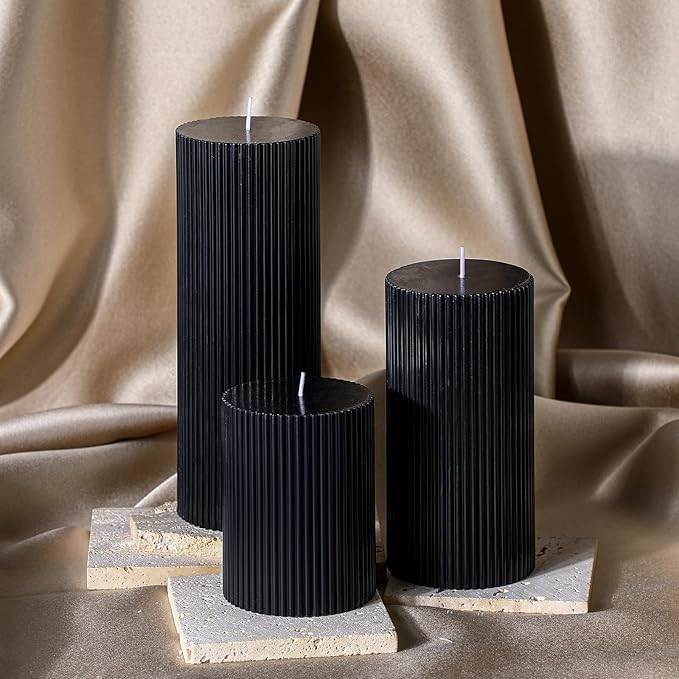 Ribbed Pillar Candles Set of 3, Width 3" High 4" 6" 8" Large Soy Wax Orchids Scented Pillar Candles Aesthetic Ribbed Modern Home Decor for Bathroom Living Room(Black)
