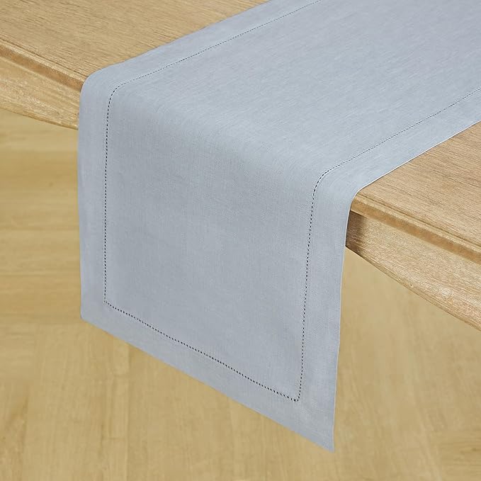 Solino Home Linen Dusty Blue Table Runner 48 Inches - Classic Hemstitch, 100% Pure Linen Coffee Table Runner 14 x 48 Inch Ideal for Dresser Tables - Winter, Spring, Easter