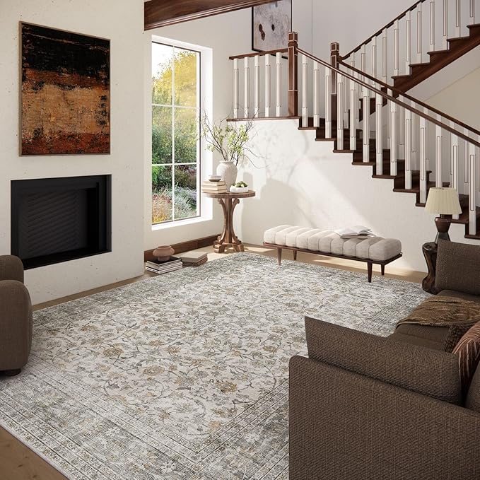Machine Washable Rugs for Living Room: 5x7 Area Rugs for Bedroom Vintage Stain Resistant Non Slip Low Pile Soft Boho Carpet for Kitchen Dining Room Farmhouse Kids Room Nursery