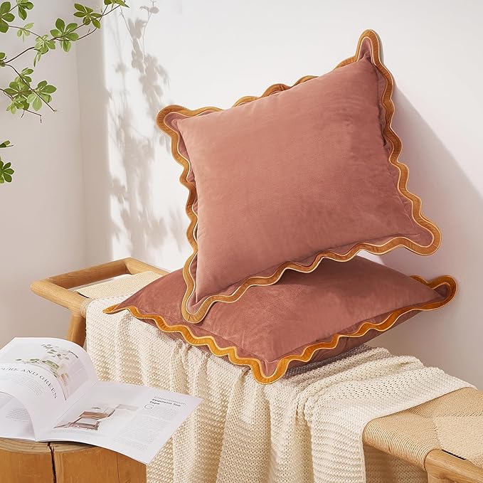 MONDAY MOOSE Decorative Throw Pillow Covers Cushion Cases, Set of 2 Soft Velvet Scalloped Wavy Edge Designs, Mix and Match for Home Decor, Pillow Inserts Not Included (20x20 inch, Pink/Honey)