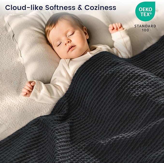 PHF 100% Cotton Waffle Weave Throw Blanket 50" x 60" - Lightweight Washed Soft Breathable for Adults and Kids - Perfect Layer for Couch Bed Sofa - Elegant Home Decoration Gift - Black