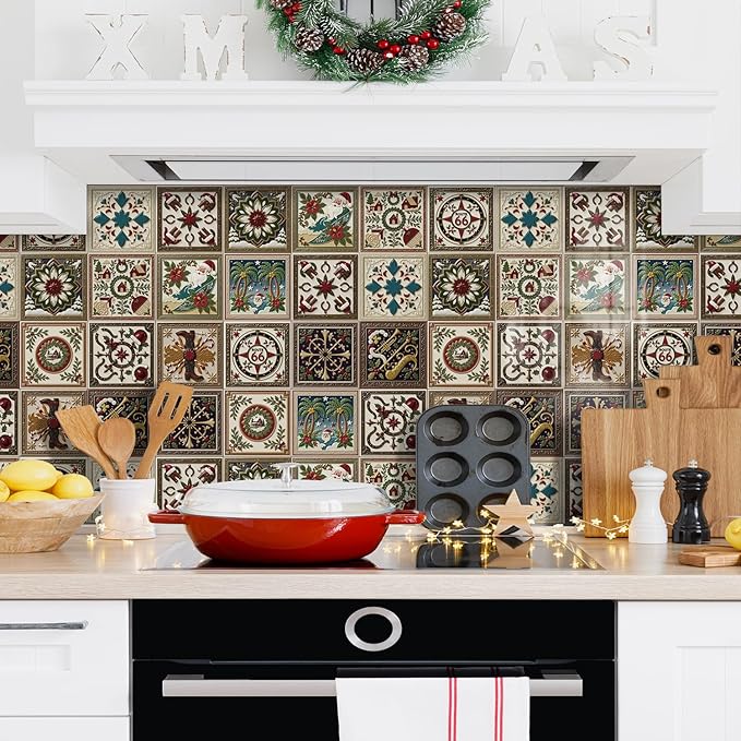 Christmas Peel and Stick Tile, 12-Count 5.9x5.9 Inch Waterproof Backsplash, Removable Sticker for Kitchen and Bathroom Wall