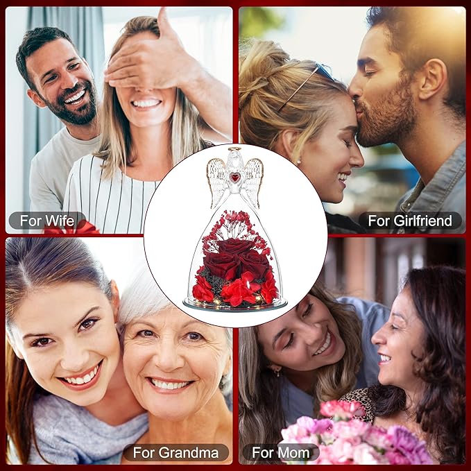 Mothers Day Rose Gifts for Women, Large Angel Figurines with Real Roses, Preserved Real Flower Rose for Her - Wine Red