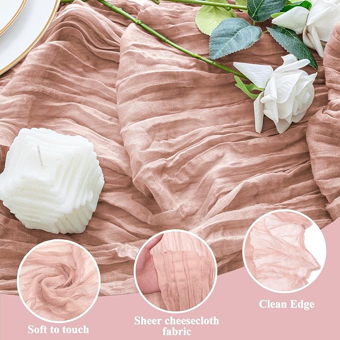 6PCS Table Runner Cheesecloth 10FT Dusty Pink Boho Gauze Cheese Cloth Rustic Sheer Table Runners for Wedding Bridal Baby Shower Party Decoration
