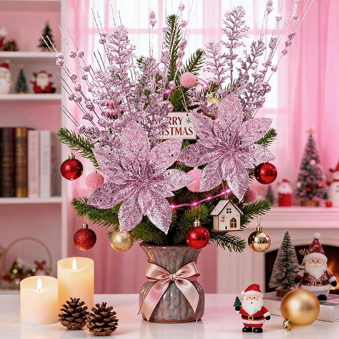18 Pack Christmas Tree Ornaments Set, 17.5 Inch Pink Fake Christmas Picks Decorations with 2 Styles, Artificial Glitter Berry Stem Ornaments for Christmas Tree Wedding Small Vase Wreath Decor