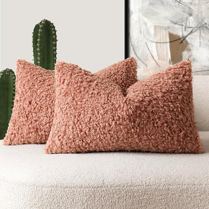 Foindtower Set of 2 Curly Teddy Wool Pillow Covers Decorative Boucle Textured Lumbar Throw Pillow Faux Fur Sherpa Pillowcases Sheepskin Fuzzy Cushion Case for Sofa Bedroom Car 12"x20" Dusty Pink