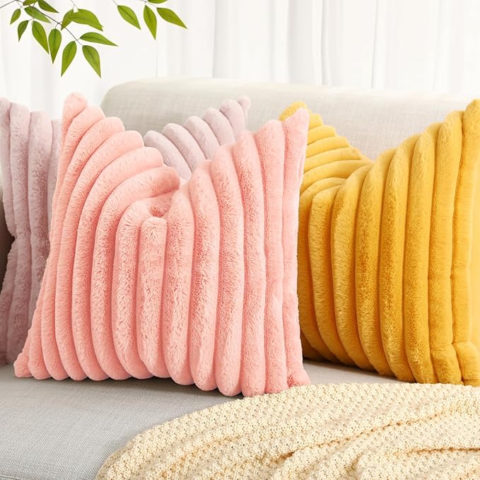 decorUhome Faux Fur Christmas Throw Pillow Covers 22x22 Set of 2, Decorative Soft Plush Striped Neutral Couch Euro Pillow Covers with Velvet Back for Sofa, Bed, Living Room Home Decor, Blush Pink