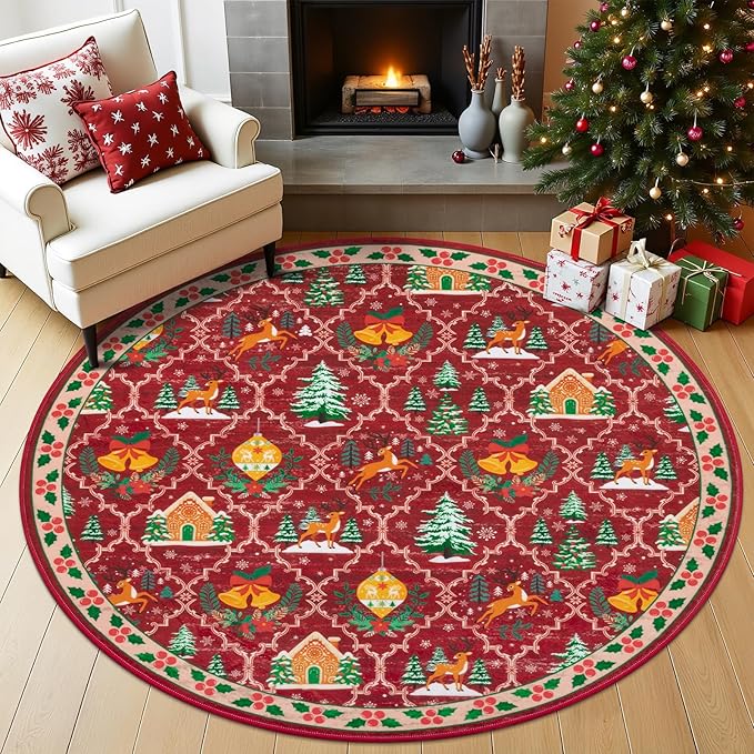 HEBE 4Ft Round Christmas Area Rug, Non Slip Farmhouse Round Rug for Living Room, Washable Soft Circle Rugs for Bedroom Christmas Round Floor Carpet for Dining Room Xmas Holiday Decor
