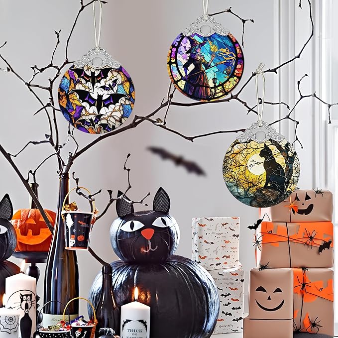 2025 Ornaments for Christmas Tree, Zmoicky Stained Glass Hanging Ornament, Christmas Ornaments Clearance, Gift Exchange Ornament, Bauble Present - Moonlight Black Cat