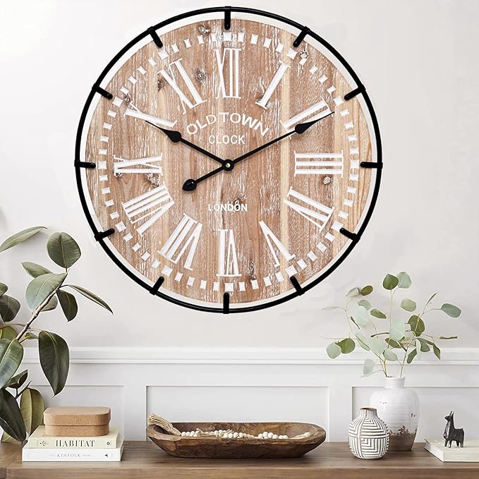 MODE HOME Large Farmhouse Wall Clock, 24 Inch Rustic Wooden Wall Clock Decorative with Metal Circle and Engraved Numerals, Silent Battery Operated for Kitchen Bedroom Living Room Fireplace Mantel