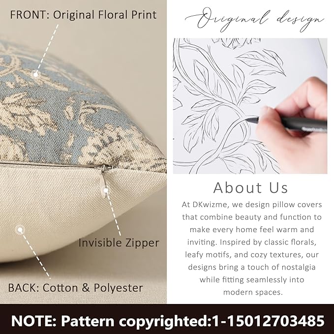 Vintage Floral Print Throw Pillow Covers 20x20 Set of 2 Neutral Modern Farmhouse Pillowcases Accent Decorative Cushion Covers Boho Home Decor for Couch Sofa Chair Bed Living Room, Sky Blue