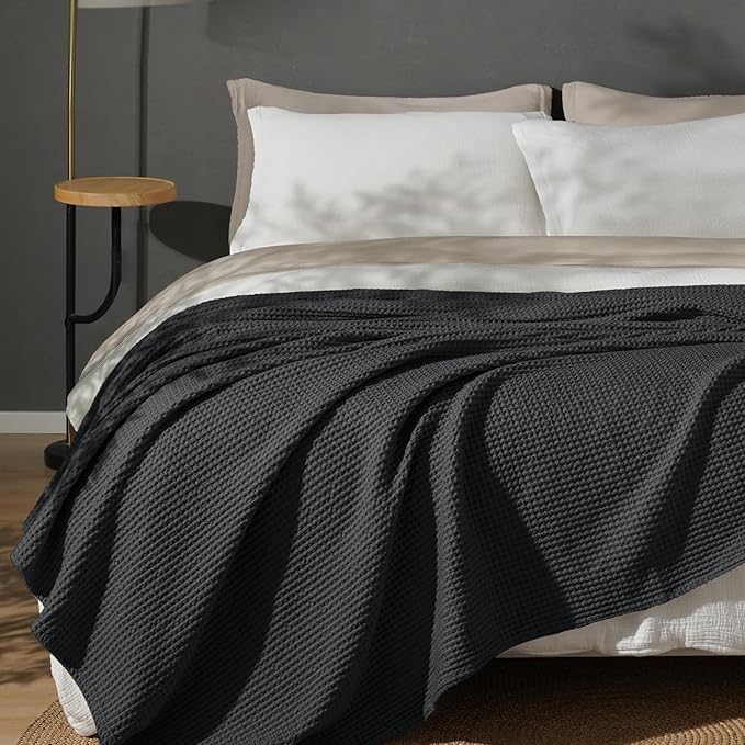 PHF 100% Cotton Waffle Weave Blanket King Size 104" x 90" - Lightweight Washed Soft Breathable -Perfect Layer for Couch Bed Sofa - Aesthetic Elegant Home Decoration Gift - Black