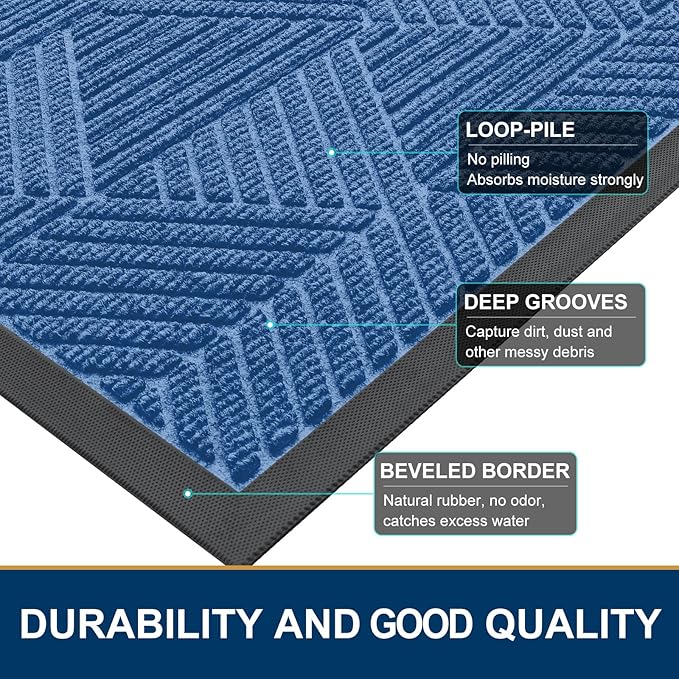 Smiry Front Door Mat Outside Entrance, Heavy Duty Sturdy Natural Rubber Doormat, Trap Dirt and Moisture, Easy Clean Low Profile Welcome Floor Mats for Indoor Outdoor Entry, 59x34 Inch, Blue