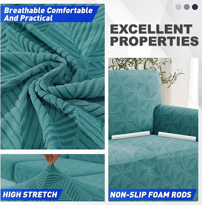 YEMYHOM 1 Piece Stretch Couch Covers for 2 Cushion Couch, Jacquard Loveseat Cover with Non-Slip Elastic Bottom, Thickened Slipcover Furniture Protector for Dogs Pets (Medium, Peacock Blue）