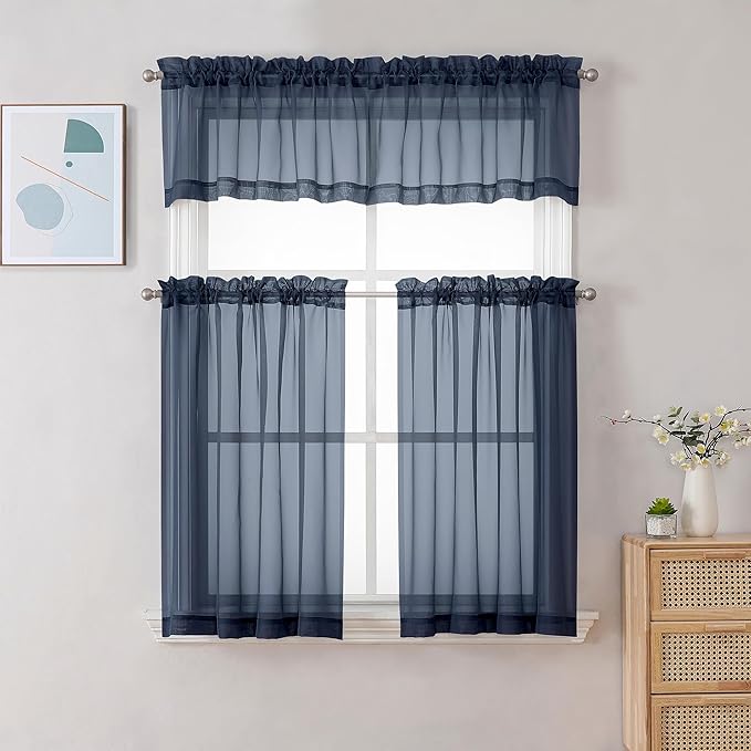 Gwine Navy Blue Sheer Curtain Tiers 24 Inch Length, Light Filtering Voile Short Curtain for Living Room Bedroom, Rod Pocket Cafe Curtains for Small Windows 42x24 Inch, 2PCS