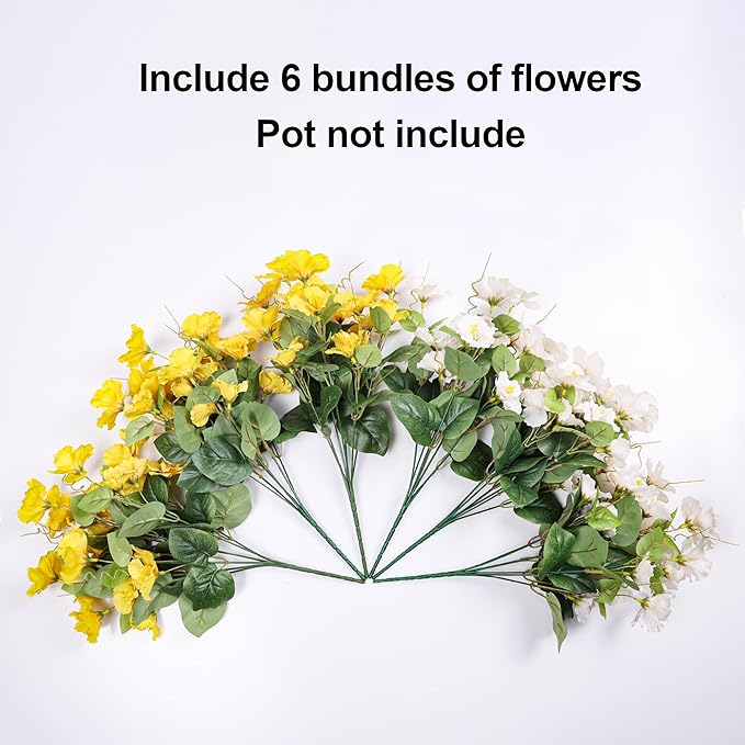 Hibiscus Artificial Flowers Plants for Outdoors Decoration, 6 Bundles Silk Bouquet Tropical Flowers Artificial Realistic UV Resistant Fake Flower for Outside Planter Porch Patio Balcony (Yellow White)