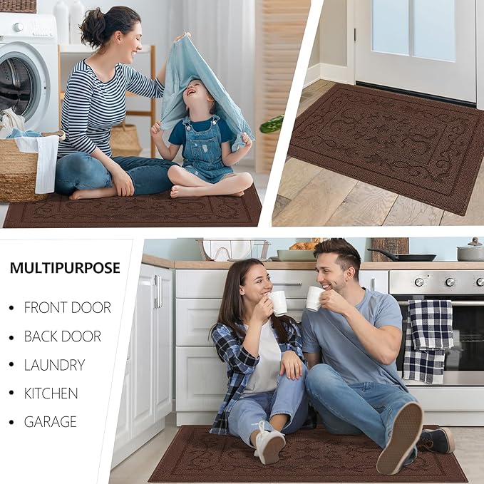 FONEYI Indoor Door Mat 24" x 36", Dirt Trapper Door Mats Non-Slip Entryway Rugs Washable, Absorbent Resist Dirt Welcome Mat, Low Profile Inside Floor Mats for Front Back Door and Entryway, Coffee