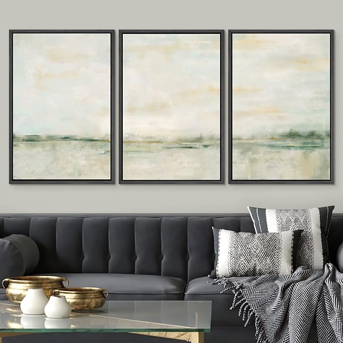 SIGNWIN Framed Canvas Print Wall Art Set Grunge Tan Green Pastel Landscape Shapes Abstract Illustrations Modern Art Decorative Nordic Calm/Zen for Living Room, Bedroom, Office - 24"x36"x3 Black