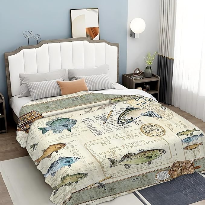 Tijuboni Fishing Throw Blanket Cabin Fishing Gifts for Men Boys Women Girls Adults Kids Soft Flannel Fleece Blanket for Couch Sofa Bed Home Decor 50"x60"