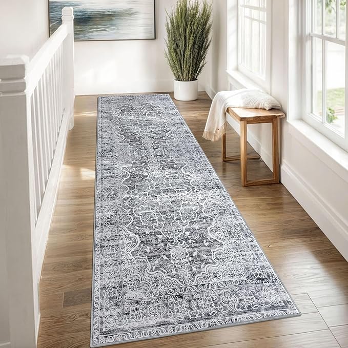 KUTA Vintage Washable Runner Rug, 2.6x8 Runners for Hallways Non-Slip Vintage Grey Blue White Floral Kitchen Rugs Soft Printed Tribal Floor Carpet for Bedroom Living Room Nursery