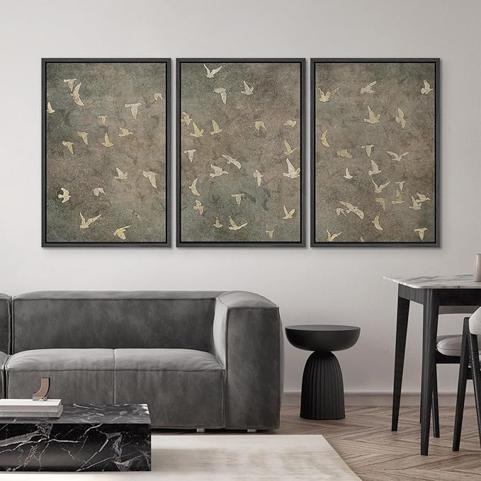 SIGNWIN Framed Canvas Print Wall Art Set Abstract Golden Birds in Flight Illustrations Modern Art Decorative Rustic Calm/Zen for Living Room, Bedroom, Office - 24"x36"x3 Black