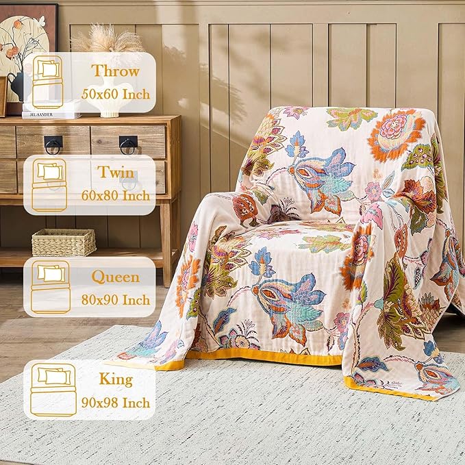 Summer Throw Blanket for Bed, 50"x60" Boho Throw Blankets 100% Cotton Quilts Farmhouse Decoration Warm Soft Blanket Muslin Bed Blankets for Couch Chair