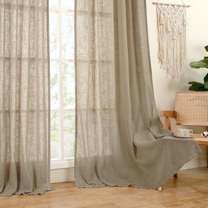 LAMIT Taupe Sheer Linen Curtains, 80 inch Light Filtering Semi Sheer Panels Back Tab and Rod Pocket Farmhouse Rust Drapes for Bedroom/Living Room, 2 Panels, 52 x 80 Inch