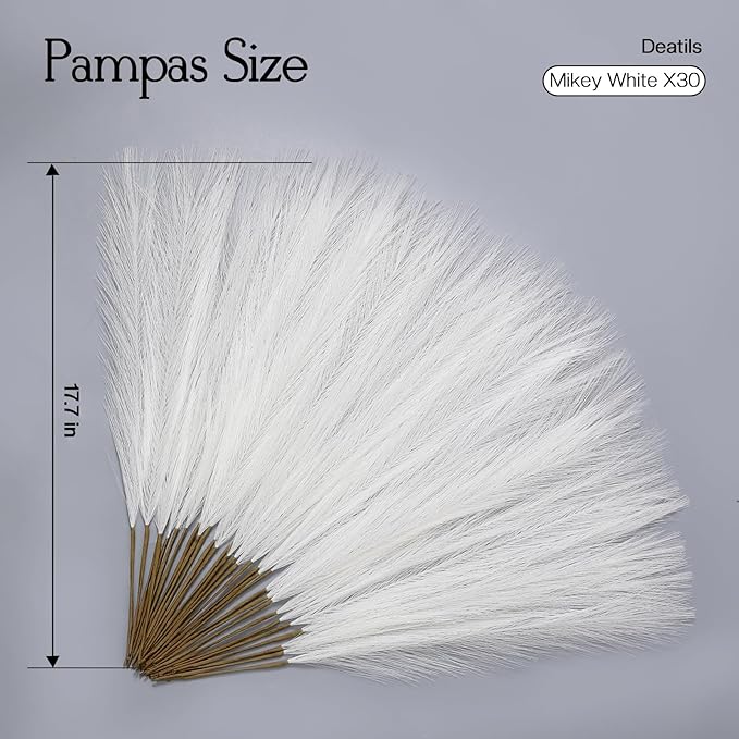 Faux Pampas Grass Decor 17.7 Inch 30pcs, Artificial Pampas Grass Fluffy Home Decor, Short Vase Room Decor pompous Grass Flower Arrangement for Boho Home Wedding Decoration (Milky White)