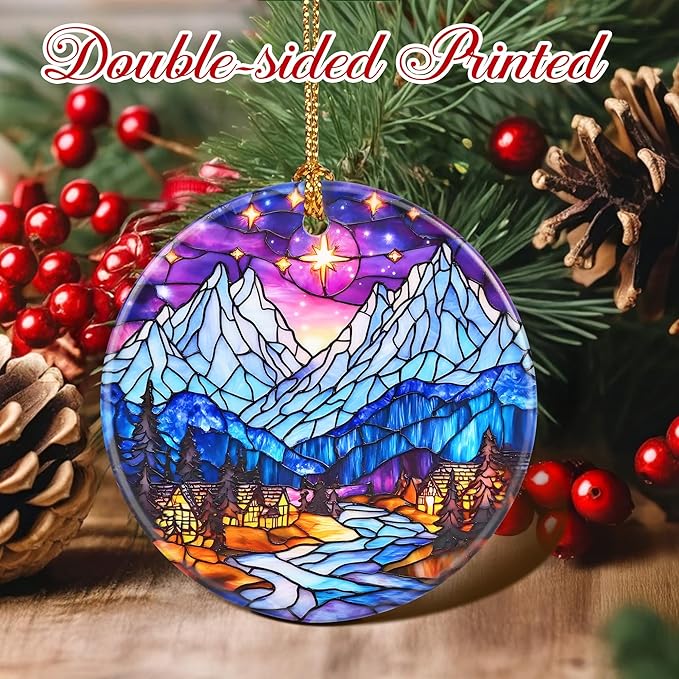 Christmas Ornaments, 2.8 Inch Ceramic Hanging Ornament, Christmas Tree Ornaments, Xmas Decorations, Holiday Decorations, Holiday Party Gifts, and Xmas Gift Ideas - Snow-Village Night