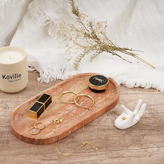 Koville Turkish Natural Travertine Tray, 12"x6" Vanity Decorative Marble Wabi Sabi Decor for Home, Countertop Organizer, Catchall for Perfume, Candles, Jewelry Dish