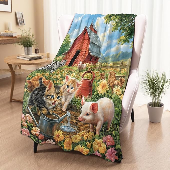 Cute Cat and Pig Blanket, Cozy Throw Blanket for Couch Bedroom Outdoor, Lightweight Soft Flannel Travel Blankets, Gifts for Women Boys Girls and Animal Lovers, Home Cabin Farm Decor 50"×60"