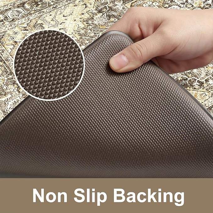 KIMODE Anti Fatigue Kitchen Mats, Boho Distressed Kitchen Floor Mats 20"x59"+20"x32", Non Slip Waterproof Kitchen Rugs, Padded Comfort Standing Mats for Laundry Office Sink Desk Brown