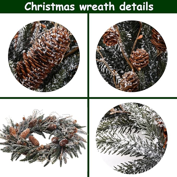 24 Inch Snow Flocked Norfolk Pine Winter Wreath with Twig & Pinecone- Artificial Winter Wreaths for Front Door Porch Wall Window Porch Fireplace Outdoor Decor