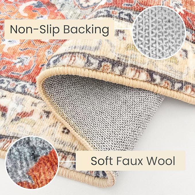 KOZYFLY Boho Area Rug 5x7 Ft Thin Rugs for Living Room Washable Bedroom Rug Non Slip Rugs for Living Room Rust/Orange/Blue Printed Faux Wool Vintage Bedroom Rug Floor Carpet for Dining Room