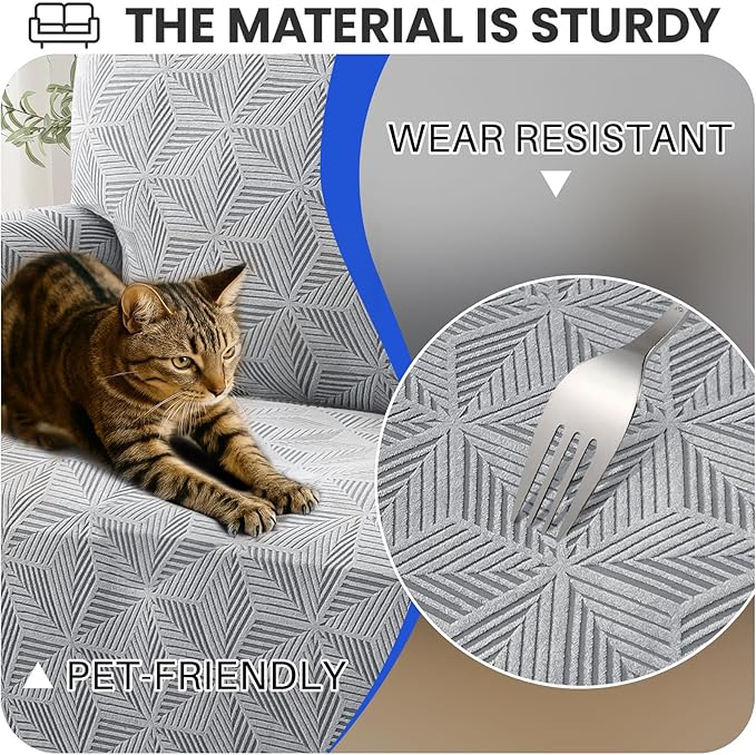 YEMYHOM 1 Piece Stretch Couch Covers for 2 Cushion Couch, Jacquard Loveseat Cover with Non-Slip Elastic Bottom, Thickened Slipcover Furniture Protector for Dogs Pets (Medium, Light Gray）