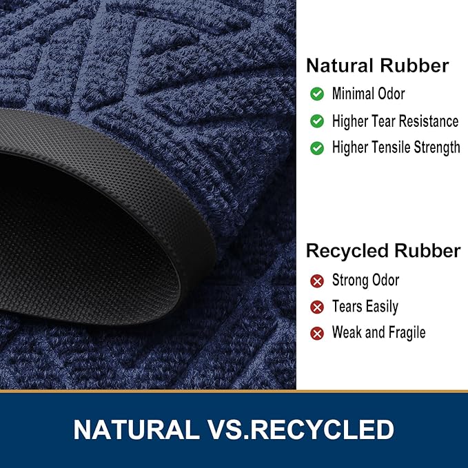 Smiry Front Door Mat Outside Entrance, Heavy Duty Sturdy Natural Rubber Doormat, Trap Dirt and Moisture, Easy Clean Low Profile Mats for Indoor Outdoor Entry, Grid Geometric (47x23, Navy Blue)