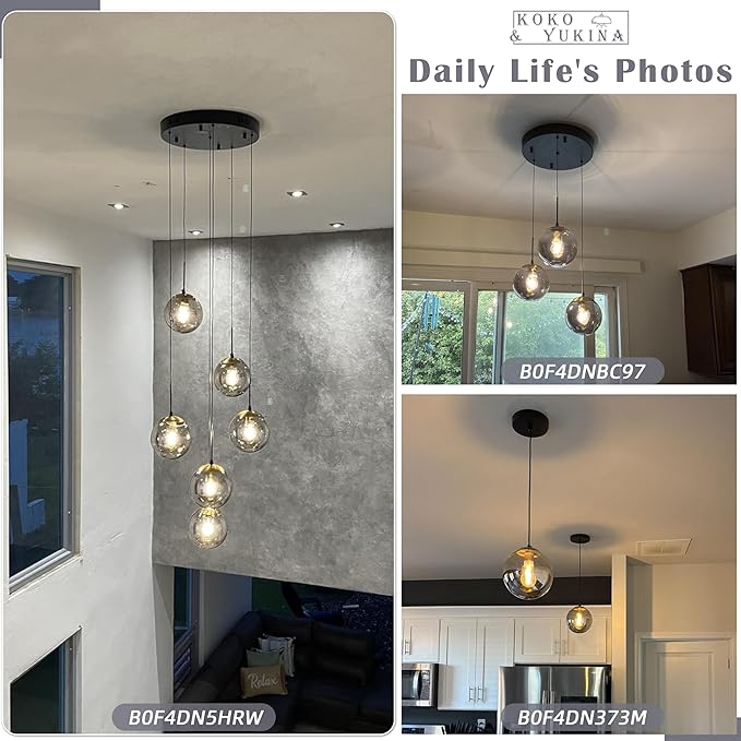 KoKo&Yukina 8 Inch Gold Pendant Light Globe Pendant Lights Kitchen Island Mid Century Light Fixture with Grey Glass Shade Adjustable Globe Cluster Lights for Dining Room Living Room
