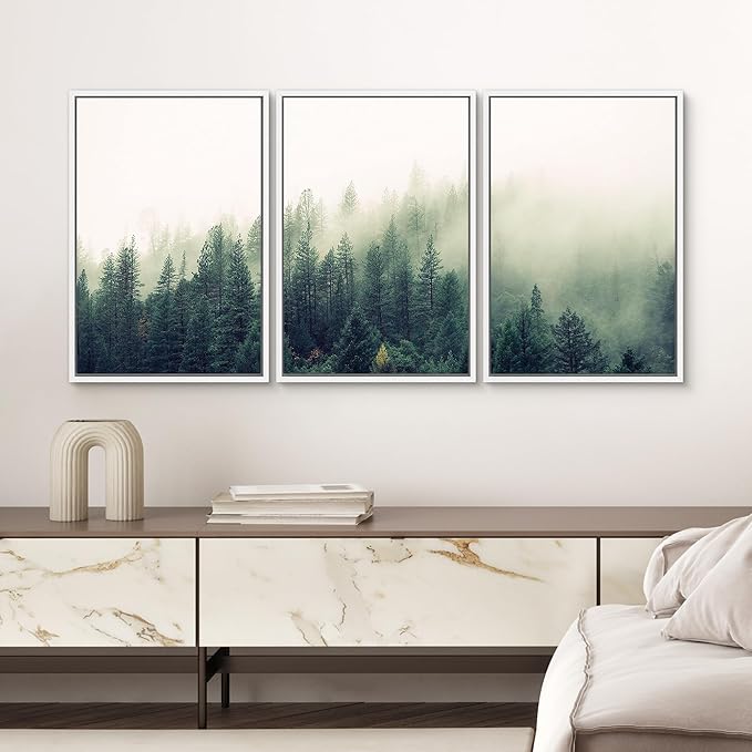 SIGNWIN 3 Piece Framed Canvas Wall Art Green Foggy Mountains Nature Wilderness Photography Abstract Rustic Aerial Canvas Prints Home Artwork Decoration for Living Room,Bedroom - 16"x24"x3 White