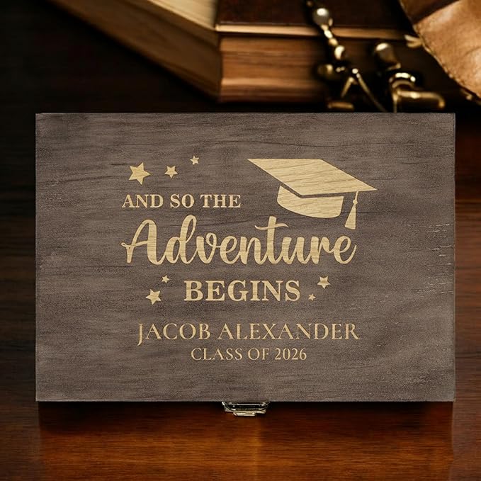 Personalized Graduation Keepsake Box 2026 Custom Engraved Wooden Memory Box High School College Graduates Cap and Gown Storage Boxes - Graduation Gifts for Him Her