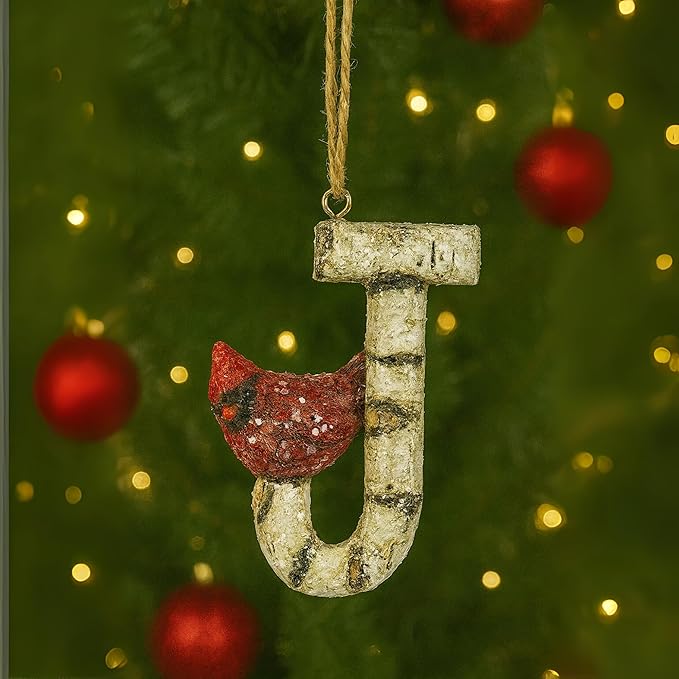 Rustic Cardinal Initial Letter Christmas Ornament – Birch Wood Look Hanging Alphabet Monogram Decoration for Holiday Tree & Winter Home Décor (J)