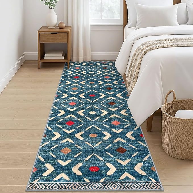 KILOCOCO Hallway Runner Rug 3x8 Runners for Hallways Washable Runner Soft Non Slip Printed Geometric Rubber Backed Low-Pile Rug Runners for Bedroom Kitchen Living Room Boho Rugs, Teal/Blue