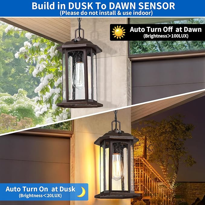 13.4'' Dusk to Dawn Outdoor Pendant Lights for Porch, Brown Hanging Porch Light with Seeded Glass, Waterproof Outdoor Chandelier Farmhouse Ceiling Light Fixture Lanterns, 1Pack