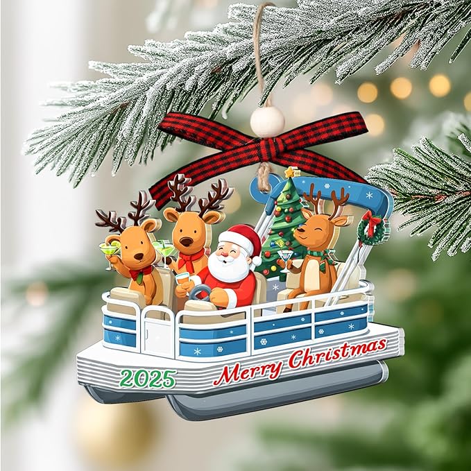 Pontoon Boat Christmas Ornament - Pontoon Ornament - Boating Ornaments for Christmas Tree - Funny Santa Gag Gifts for Boating Lovers, Men Pontoons Gift - Boat Decorations - Acrylic Xmas 2025