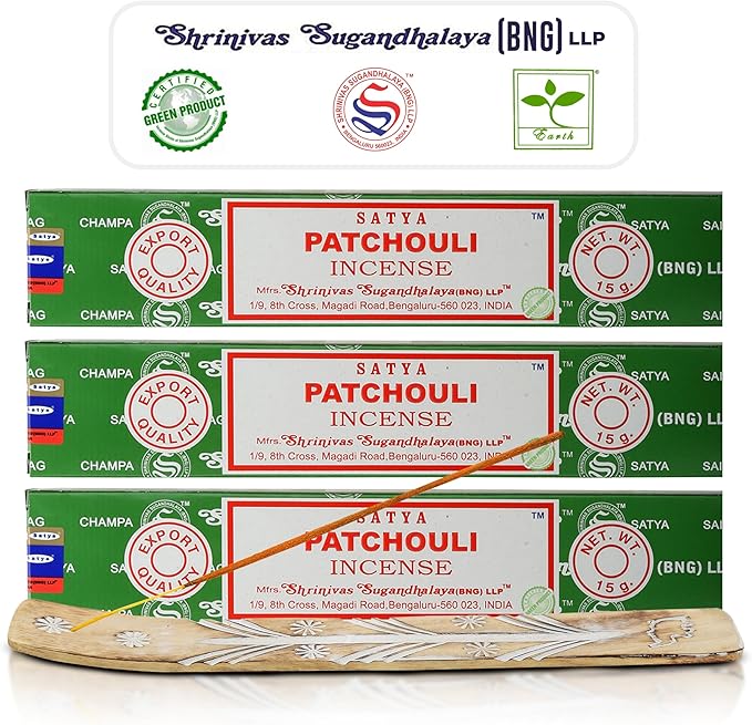 Satya Patchouli Incense Sticks, Satya Bng (Bangalore) Insenses 15gmx3 Pack (45 GMS) with Raajsee Incense Holder Bundle, Satya Nagchampa Natural Incense