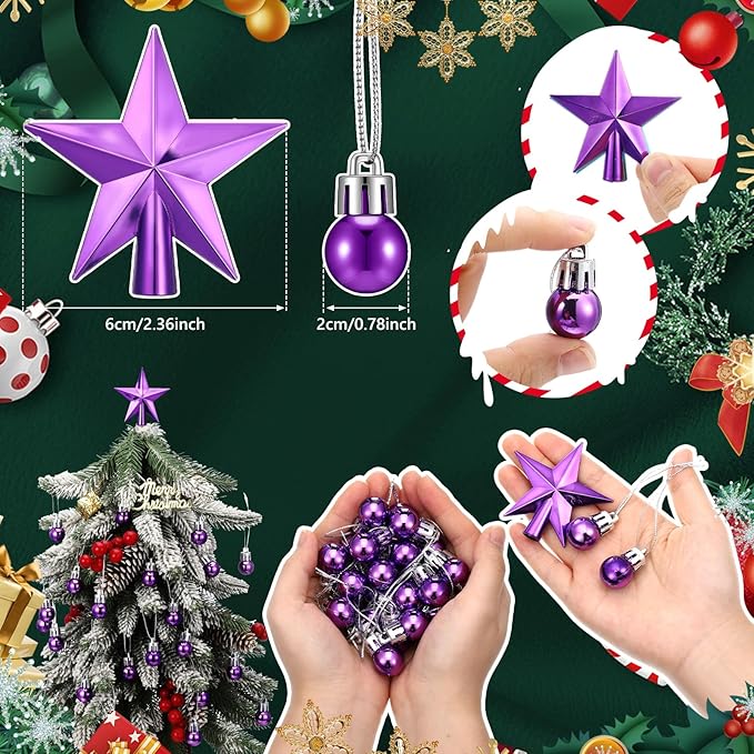 25 Pcs Christmas Balls Ornaments Set Mini Tree Decoration 0. 79 Inch Christmas Ball Tree Topper Star Hanging Ornaments for Party Decoration(Purple)